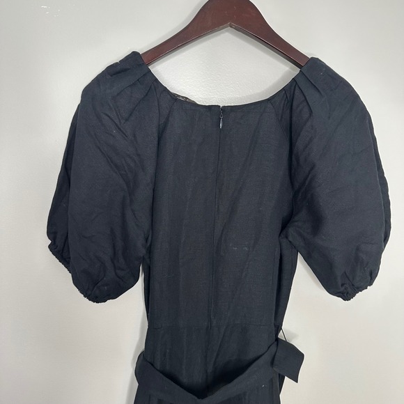 LOFT Women's Black Linen Blend Belted Puff Sleeve V Neck Midi Dress Petite 8P - Picture 9 of 11